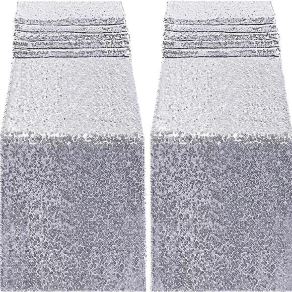 2 Packs 12 x 108inch Glitter Silver Sequin Table Runner for Birthday Wedding - Picture 1 of 7